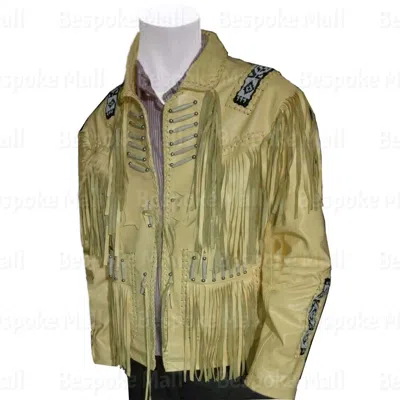 Pre-owned Handmade Men Cowboy Western Style Beige Leather Jacket Fringes Bone-101