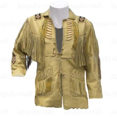 Pre-owned Handmade Men's Cowboy Western Style Beige Leather Jacket With Fringes, Bone,beads-506