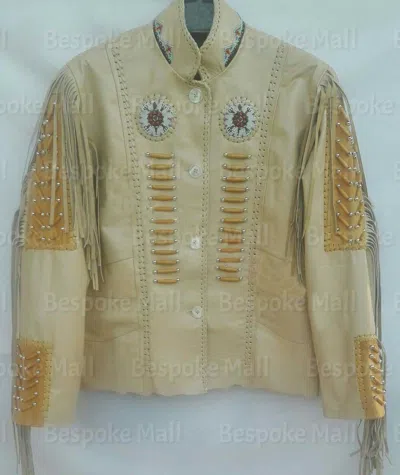 Pre-owned Handmade Men's Cream American Western Cowboy Leather Jacket Fringes Bone Beads-105 In White