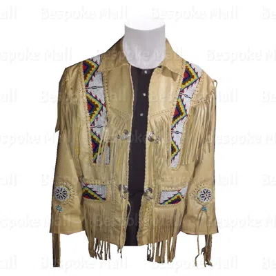 Pre-owned Handmade Men Cream Western Native American Cowboy Leather Jacket Fringes Beads-107 In White