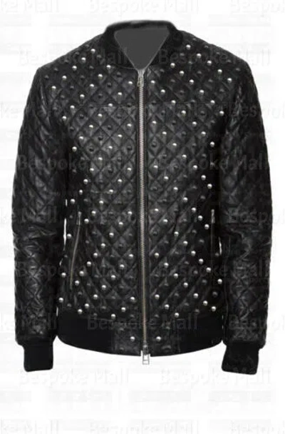 Pre-owned Handmade Men's Custom Unique Silver Black Studded Quilted Biker Leather Jacket-418