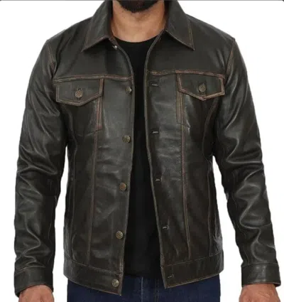 Pre-owned Handmade Men's Distressed Brown Leather Trucker Leather Jacket