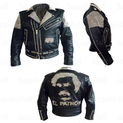 Pre-owned Handmade Men's El Patron Punk Black Silver Spiked Studded Skull Leather Jacket-561