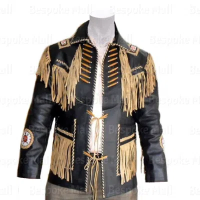 Pre-owned Handmade Men's Full Black Cowboy Tussel American Quality Leather Jacket-303