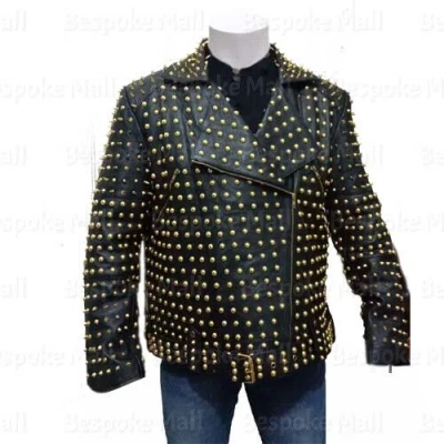 Pre-owned Handmade Men's Full Black Golden Studded Punk Brando Style Cowhide Leather Jacket-81