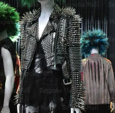 Pre-owned Handmade Men's Full Black Punk Silver Long Spiked Studded Leather Brando Jacket-613