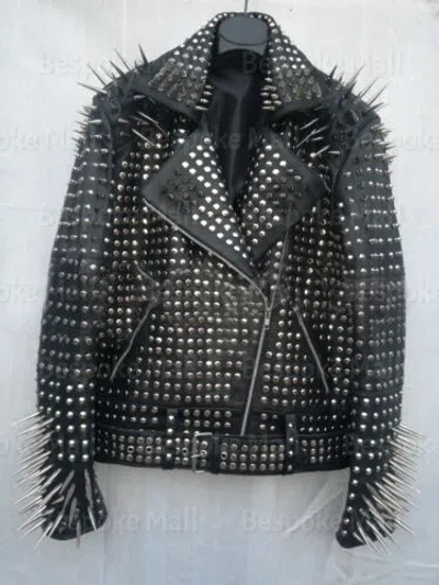 Pre-owned Handmade Men's Full Black Punk Silver Long Spiked Studded Leather Brando Jacket-793