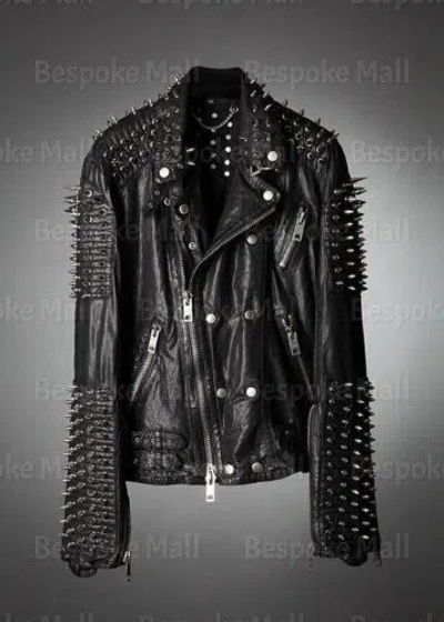 Pre-owned Handmade Men's Full Black Punk Silver Spiked Studded Real Cowhide Leather Jacket-775