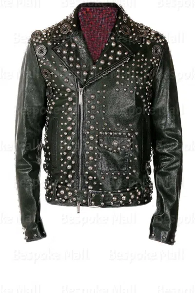 Pre-owned Handmade Men's Full Black Punk Unique Silver Metal Studded Brando Leather Jacket-244