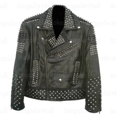 Pre-owned Handmade Men's Full Black Silver Spiked Studded Brando Punk Biker Leather Jacket-822