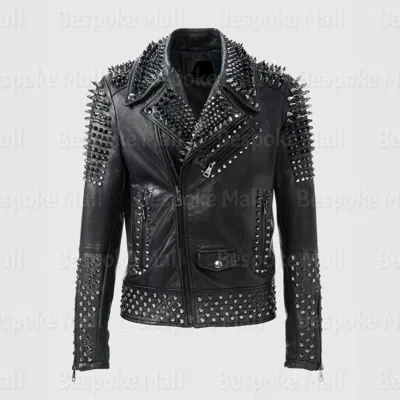 Pre-owned Handmade Men's Full Black Silver Studded Brando Cowhide Motorbike Leather Jacket-948