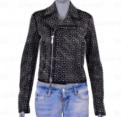 Pre-owned Handmade Men's Full Black Silver Studded Punk Unique Cowhide Biker Leather Jacket-766
