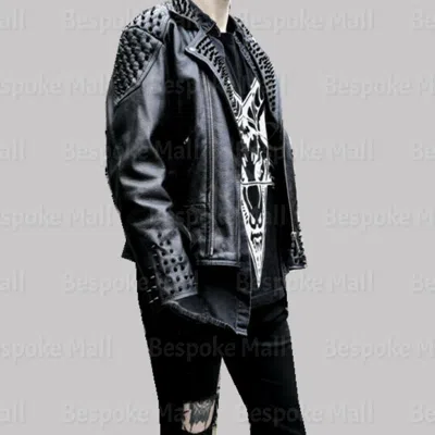Pre-owned Handmade Men's Full Black Spiked Punk Vintage Style Cowhide Biker Leather Jacket-330