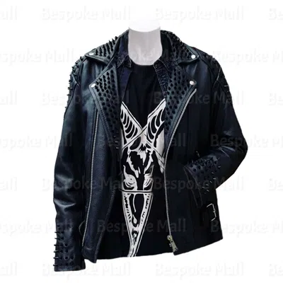 Pre-owned Handmade Men's Full Black Spiked Studded Punk Rock Cowhide Biker Leather Jacket-375