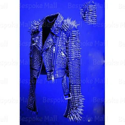 Pre-owned Handmade Men's Full Blue Punk Silver Spiked Studded Leather Brando Style Jacket-586
