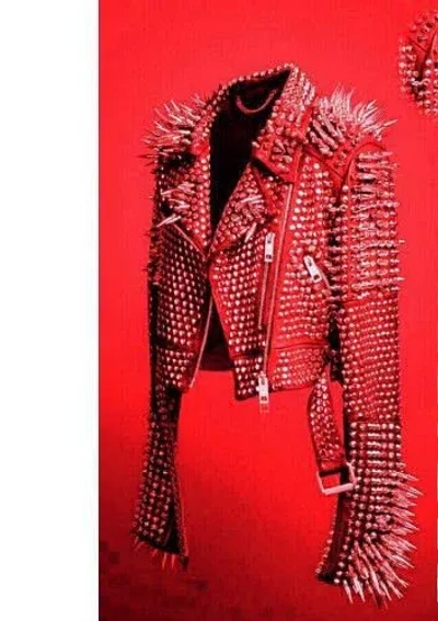 Pre-owned Handmade Men Full Red Punk Silver Long Spiked Studded Leather Brando Jacket
