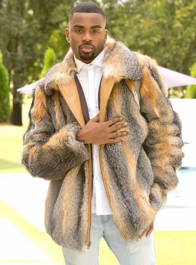 Pre-owned Handmade Men's Full Skin Red Grey Fox Fur Bomber Jacket With Optional Hood All Sizes In Red Gray