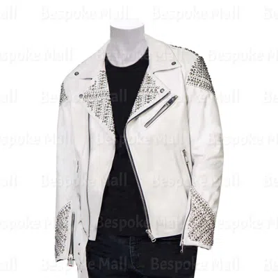 Pre-owned Handmade Men's Full White Silver Multi Studded Punk Unique Cowhide Leather Jacket-151