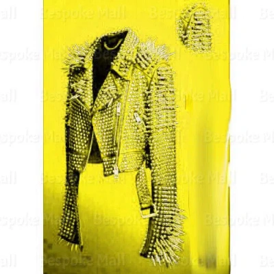 Pre-owned Handmade Men's Full Yellow Punk Silver Long Spiked Studded Cowhide Leather Jacket-585