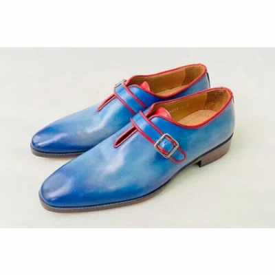 Pre-owned Handmade Men's Goodyear Welted Genuine Sky Blue Leather Monk Strap Formal Shoes