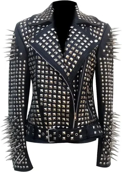 Pre-owned Handmade Men Gothic Black Leather Jacket With Silver Leather Jacket