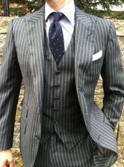 Pre-owned Handmade Men Gray Stripes Suits Wedding Grooms Dinner Party Wear Suits (jacket+vest+pant)