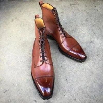 Pre-owned Handmade Men Handcrafted Dress Pure Leather Boot, Ankle Derby Toe Cap Dress Lace Up Boots In White