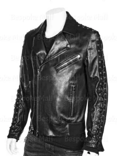 Pre-owned Handmade Men's  Black Brando Style Cowhide Motorbike Real Leather Jacket-652