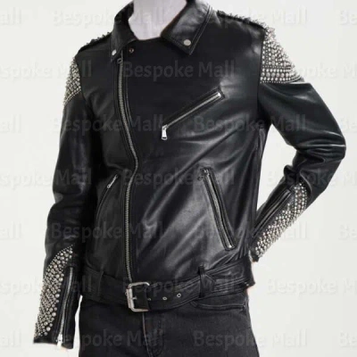 Pre-owned Handmade Men  Black Color Genuine Leather Silver Small Studded Belted Jacket-211