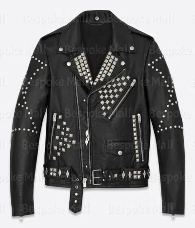 Pre-owned Handmade Men's  Black Full Silver Punk Studded Rivets Leather Jacket-690