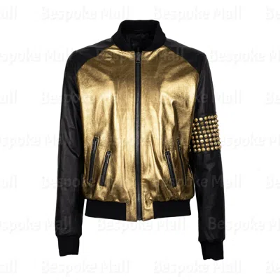 Pre-owned Handmade Men's  Black Golden Studded Brando Cowhide Biker Leather Jacket-656