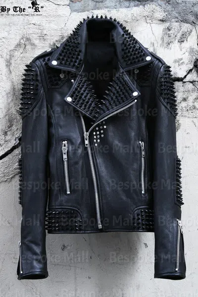 Pre-owned Handmade Men's  Black Punk Black Metal Spiked Cowhide Leather Jacket -548