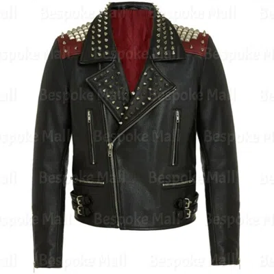 Pre-owned Handmade Men's  Black Punk Silver Studded Cowhide Biker Leather Jacket-707