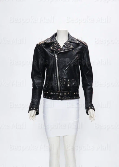 Pre-owned Handmade Men's  Black Silver Studded Real Cowhide Leather Biker Jacket-921
