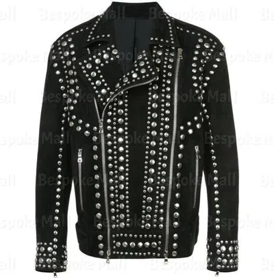Pre-owned Handmade Men's  Black Suede Silver Studded Top Quality Leather Jacket-16