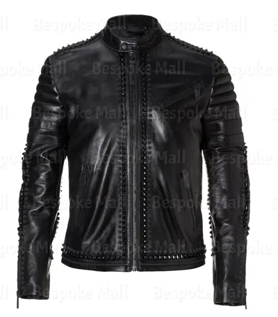 Pre-owned Handmade Men's  Black Tonal Half Studded Punk Rock Cowhide Leather Jacket-779