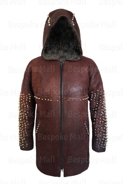 Pre-owned Handmade Men's  Brown Golden Spiked Studded Hoodie Waxed Leather Coat-1016