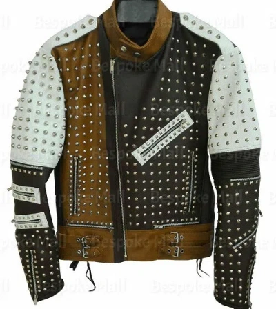 Pre-owned Handmade Men's  Cowhide Leather Silver Studded Fashion Leather Jackets-923