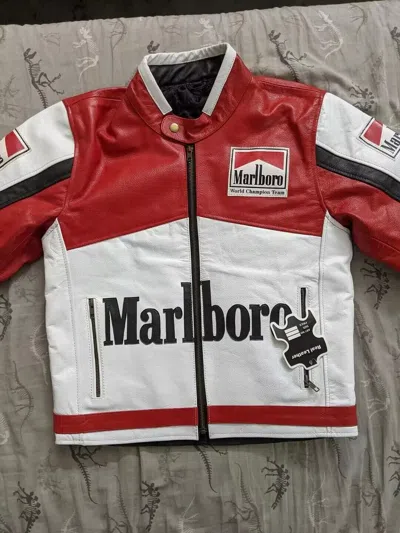 Pre-owned Handmade Men's  Marlboro Leather Jacket Vintage Racing Rare Biker Jacket. In Multicolor