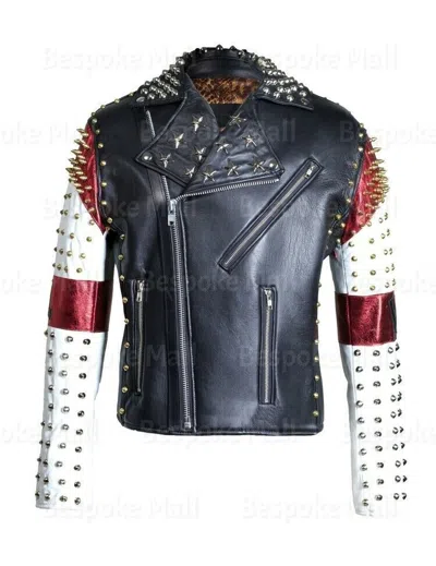 Pre-owned Handmade Men's  Mm Dead Silver Golden Studded Spiked Real Leather Jacket-1055