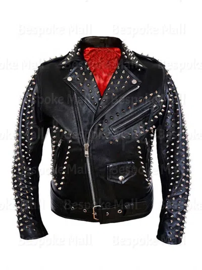 Pre-owned Handmade Men's  Punk Black Silver Spiked Studded Capman Leather Jacket-51