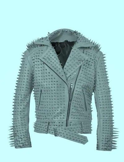 Pre-owned Handmade Men's  Silver Studded Genuine Cowhide Biker Leather Jacket-1083
