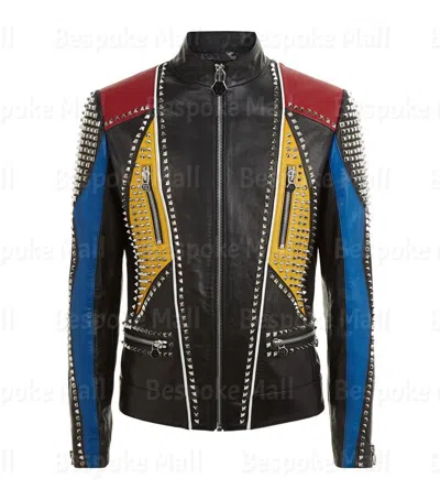 Pre-owned Handmade Men's  Silver Studded Punk Unique Antique Biker Leather Jacket-1009