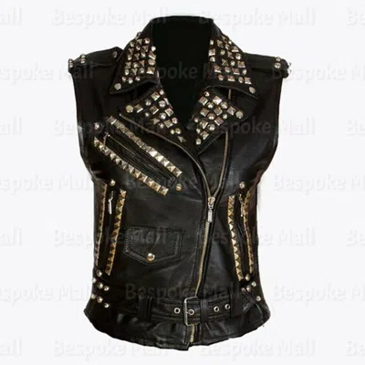 Pre-owned Handmade Men's  Silver Studded Punk Unique Cowhide Biker Leather Vest-731