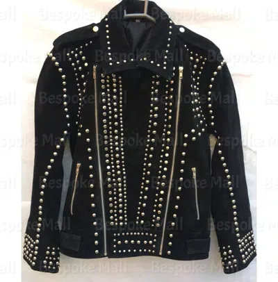 Pre-owned Handmade Men's  Suede Silver Studded Punk Unique Biker Leather Jacket -821