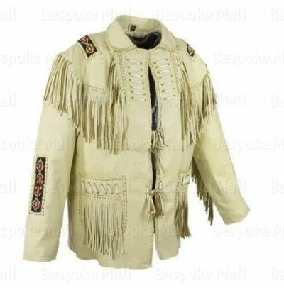 Pre-owned Handmade Men's  Western Jacket Fringe Bead & Bones Suede Leather Coat-1058 In Yellow