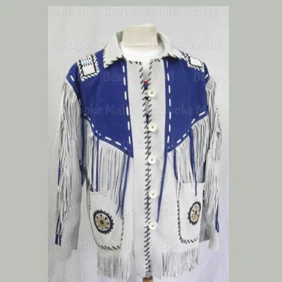 Pre-owned Handmade Men's  Western Suede Leather Wear Cowboy Native American Jacket-966 In White And Blue