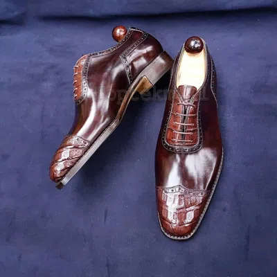 Pre-owned Handmade Men's Leather Alligator Cap Texture Designer Formal Oxfords Shoes-472 In Red