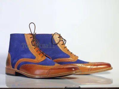 Pre-owned Handmade Men's Leather & Suede Ankle High Blue Brown Fashion Designer Boots-592 In Two Tone