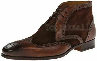 Pre-owned Handmade Men's Leather And Suede Brown Ankle High Wingtip Dress Boots-557 In Red
